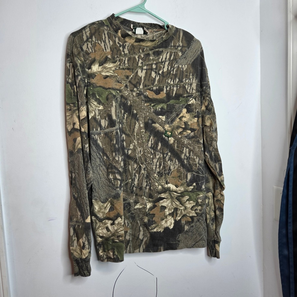 Vintage Mossy Oak Camo Long Sleeve Pocket T-Shirt Mens XL USA Made Hunting Tee